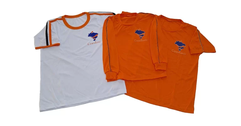 camisetas do uniforme escolar do Colégio Ceeduc de Palotina nas cores branca e laranja produzidas pela Tailey Uniformes
