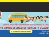 Banner promocional de volta às aulas da Tailey Modas & Uniformes, com ilustrações escolares, ônibus amarelo, crianças felizes de mãos dadas e anúncio de uniformes escolares de alta qualidade, com parcelamento em até 6x sem juros